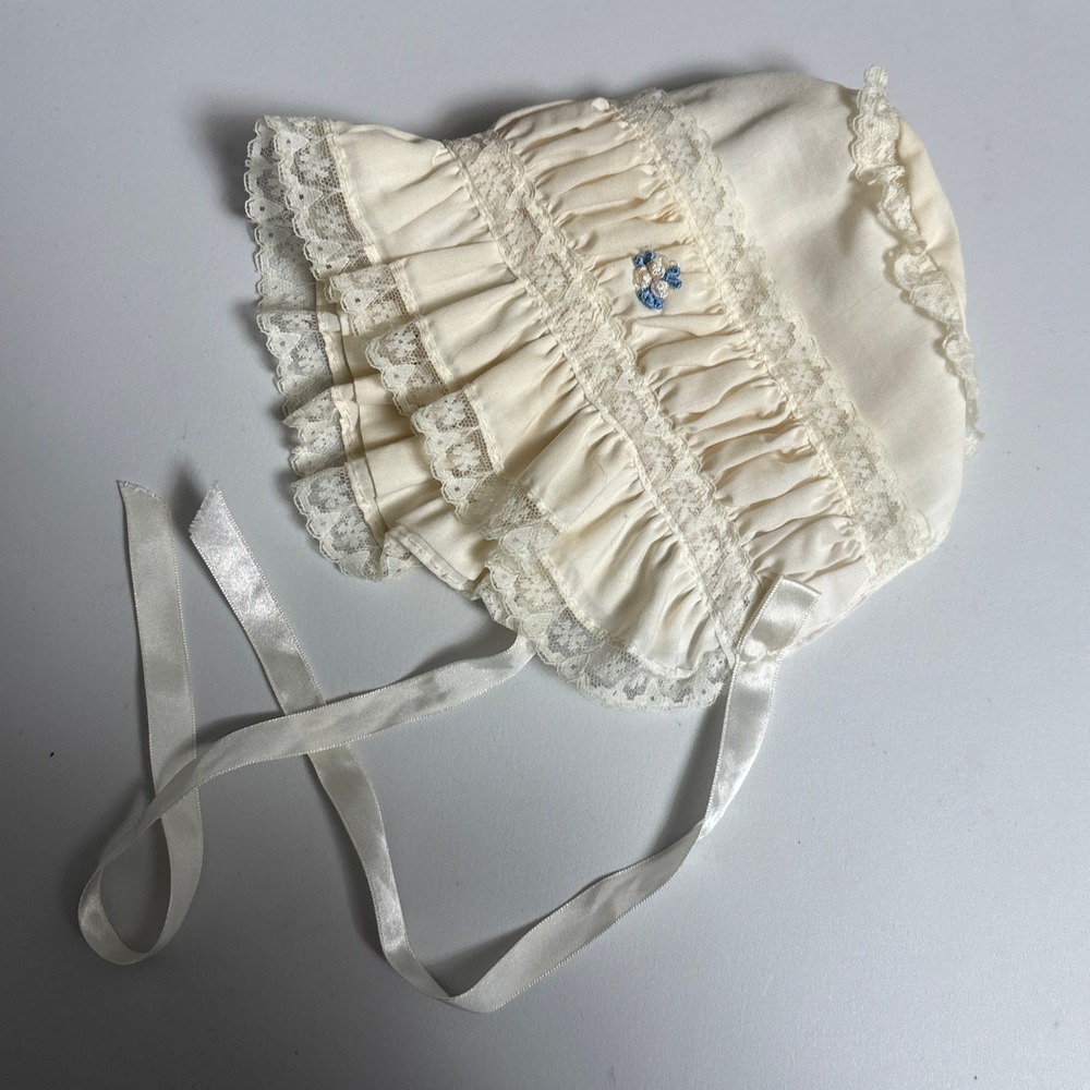Vintage Baby Bonnet Cream Lace Ruffle Floral Embroidery Ribbon Heart Christening